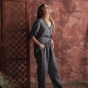 Pajama set for women, personalized pajamas, baggy linen pants, womens pant suit, pajama pants. image 2