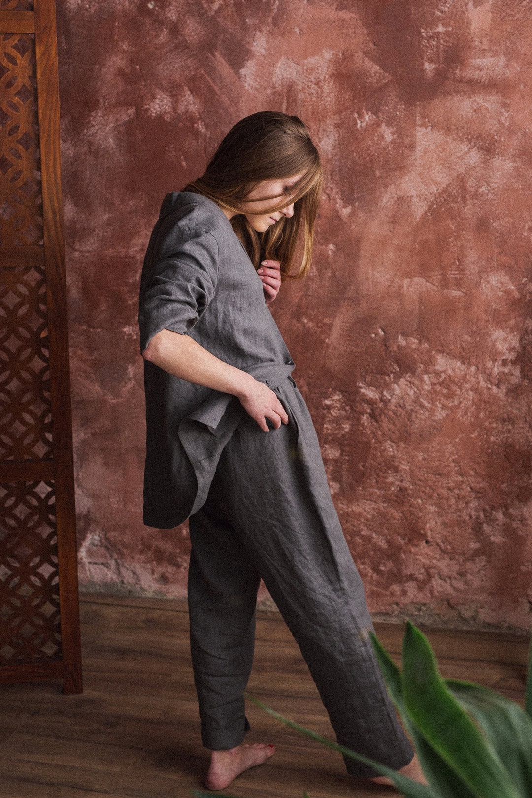 Gray Womens Pant Suit Consists of Linen Jacket and Baggy Pants, Linen — free download