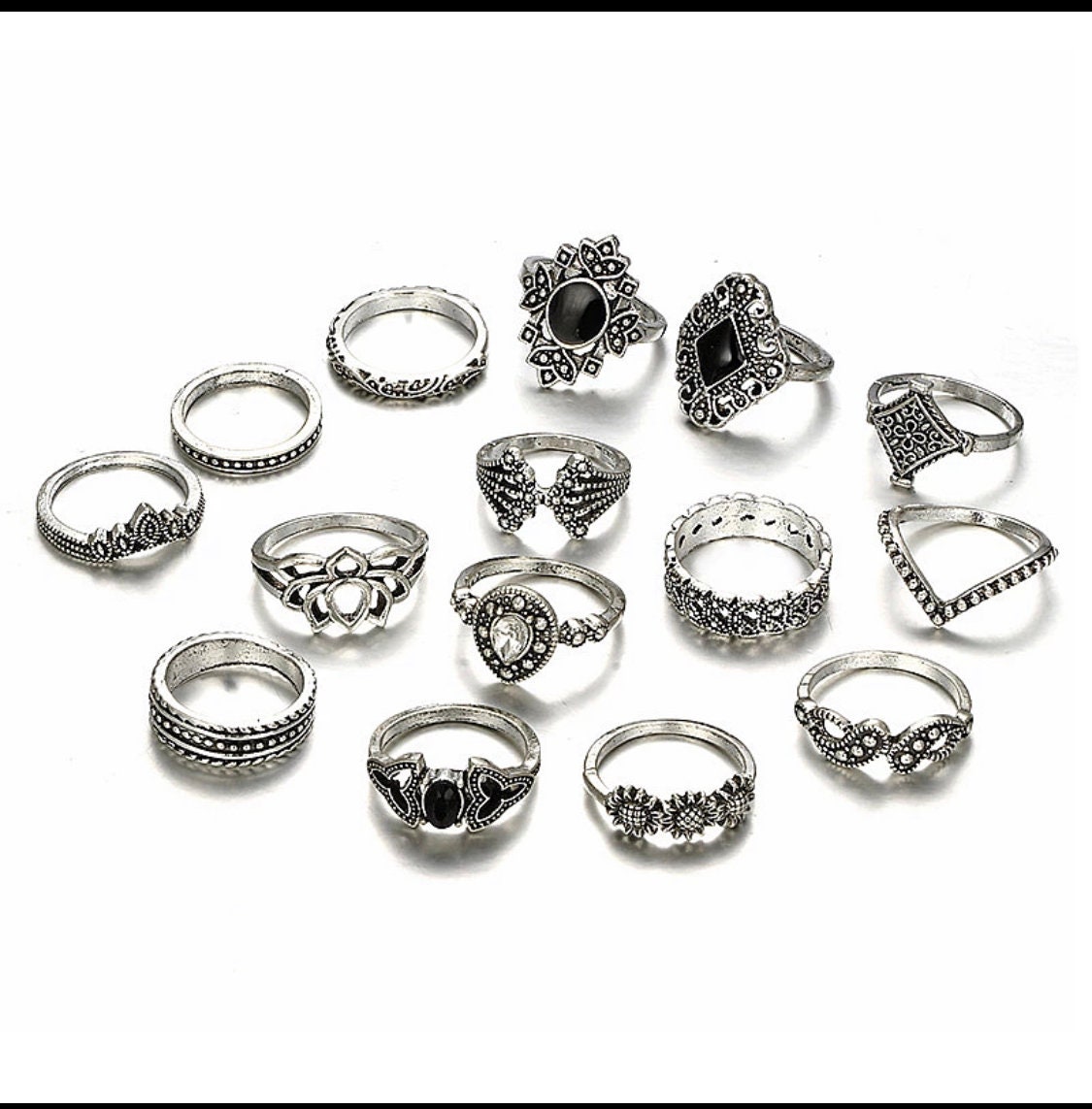 15 Pcs Boho Ring Set. Knuckle Rings Set. Black Gemstone Ring. Aesthetic
