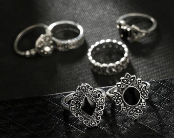 15 teiliges Boho Ring Set. Knöchel Ringe Set. Schwarzer Edelstein Ring. Ästhetischer Ring. Geschenkideen zum Geburtstag. Weihnachtsgeschenk