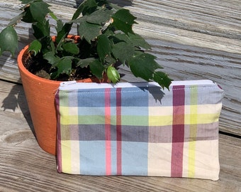 Handmade Plaid Zipper Pouch, Vintage Fabric Bag, Small Soft Cosmetic Bag, Make-up Bag, Birthday Gift for Mom, Best Friend Gift for Women