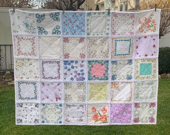 Vintage Hanky Rag Quilt, Handkerchief Throw, Handmade Quilt, Birthday Gift for Mom, Housewarming Gift, Mother's Day, Handmade Gift, Decor