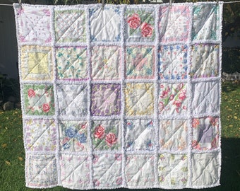 Vintage Hanky Rag Quilt, Handkerchief Throw, Handmade Quilt, Birthday Gift for Mom, Housewarming Gift, Mother's Day, Holiday Gift, Present