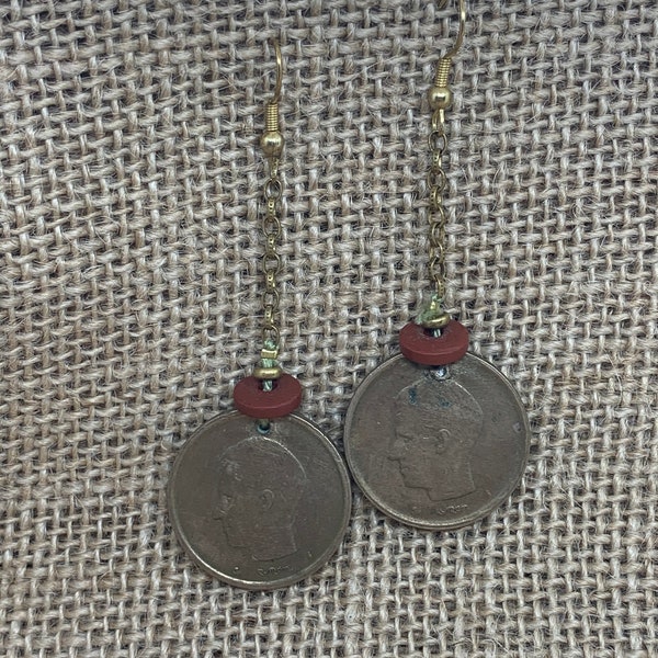 Vintage Belgium 20 Francs Earrings, Dangle Earrings, Pierced Earrings, Coin Earrings, Birthday Gift for Mom, Wife, Friend, Mother's Day