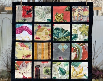 Vintage Barkcloth Patchwork Wall Quilt, Handmade Cotton Trim