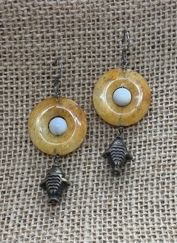 Vintage Brass Dangle Fish Earrings, Marble Earrin… - image 1