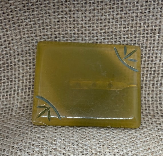 Celluloid Green Rectangular Brooch, Etched Leaf B… - image 1
