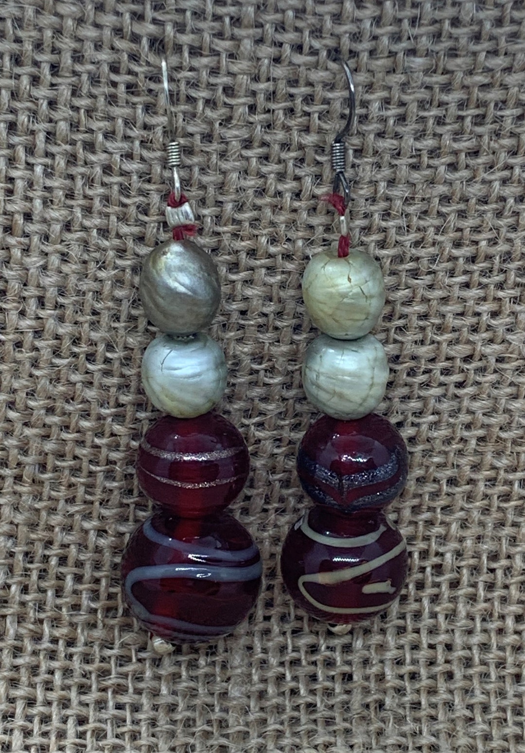 CLEARANCE Glass Bead Drop Earrings Red and Silver Ball Etsy