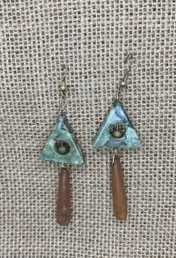 Green Stone Triangle Dangle Earrings, Marble Earri
