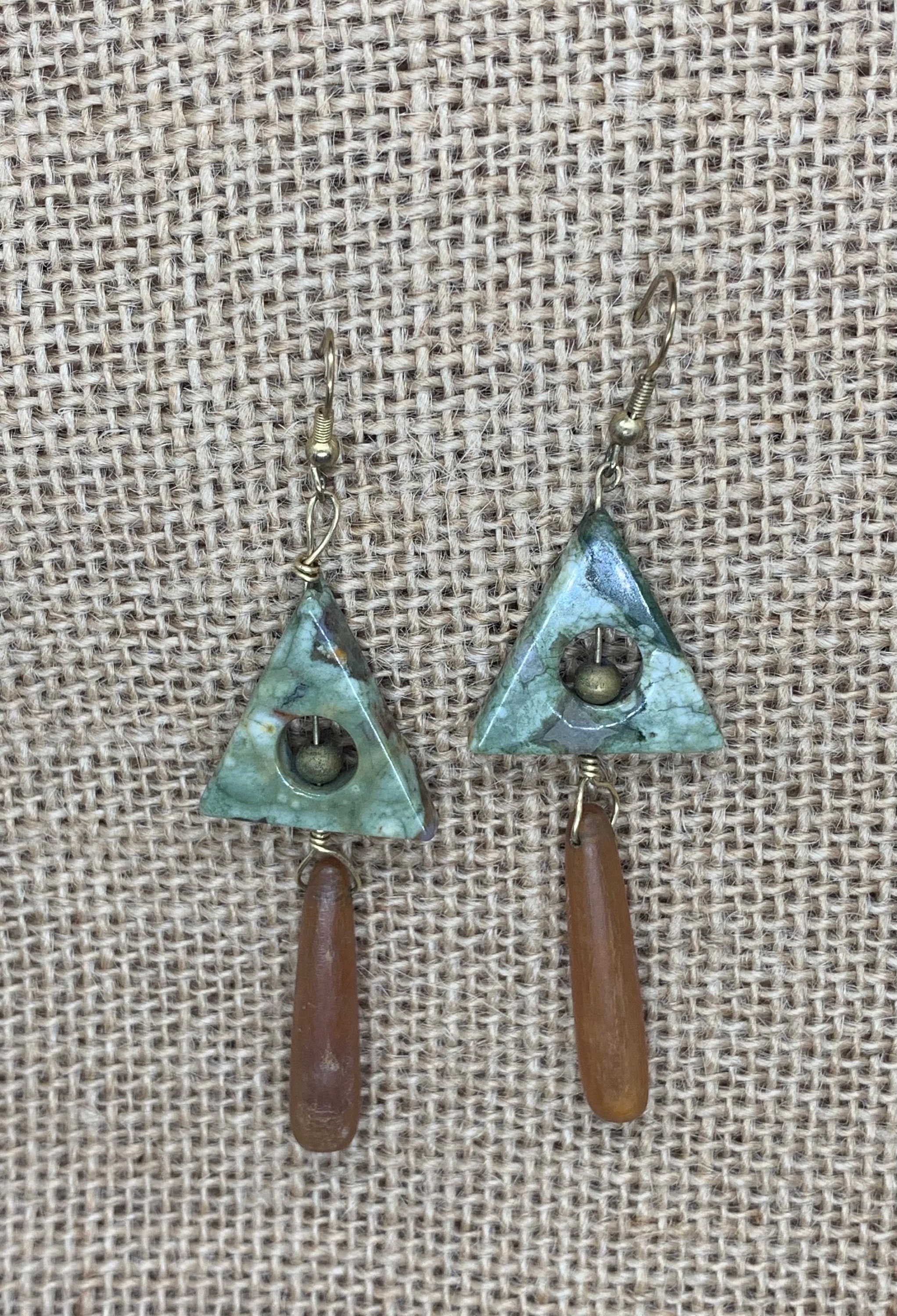 Green Stone Triangle Dangle Earrings, Marble Earrings, Dangle Earrings