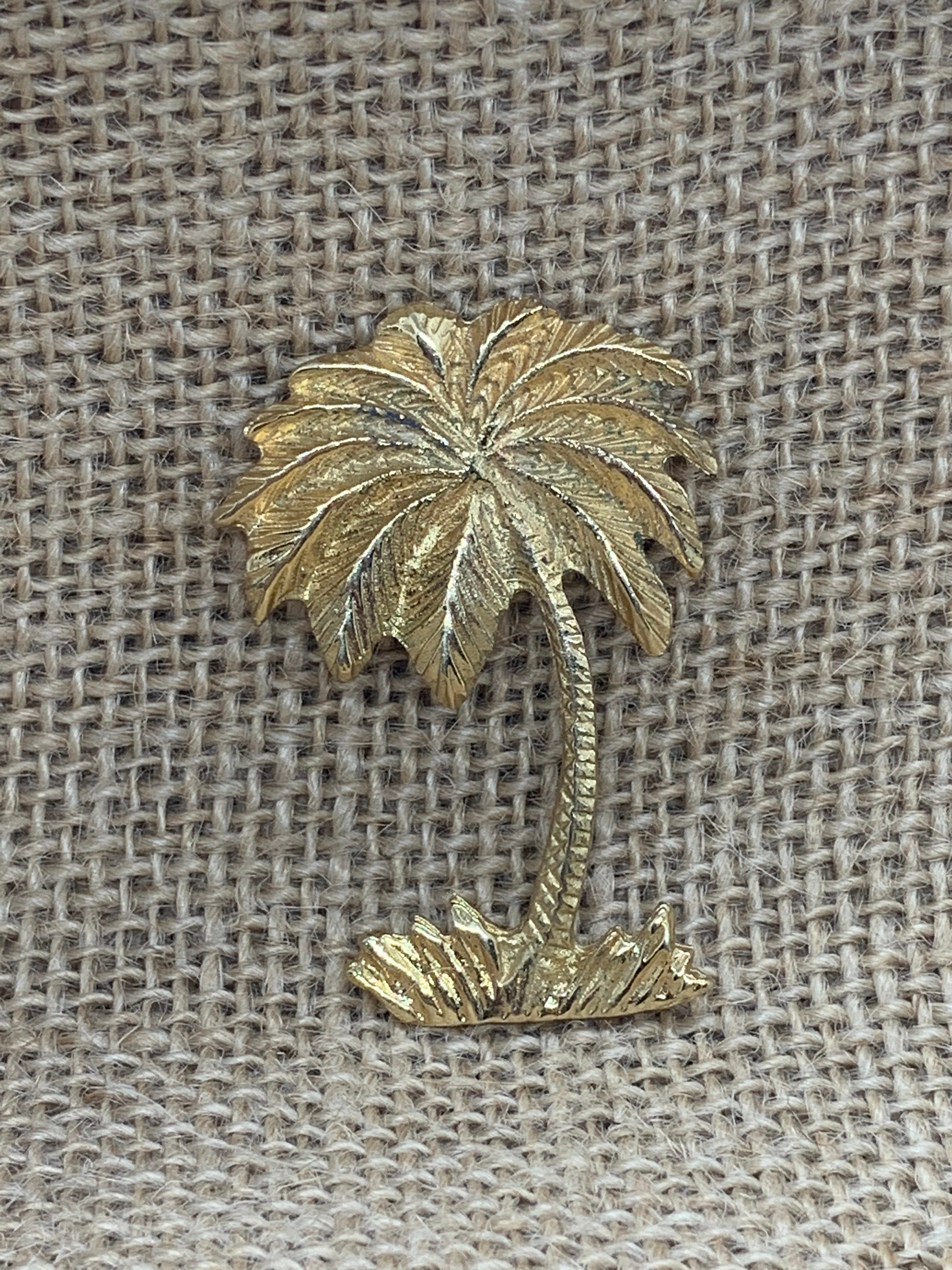 Small Vintage Goldtone Double Palm Tree Pin Embellished with Clear Crystals  and Green Enamel