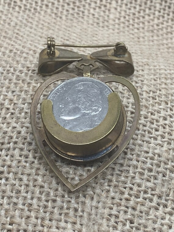 Vintage Coin Holder Brooch, Heart Shaped Pin, Lad… - image 7