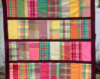 Vintage Patchwork Fabric Wall Quilt, Maroon Linen Trim, Handmade