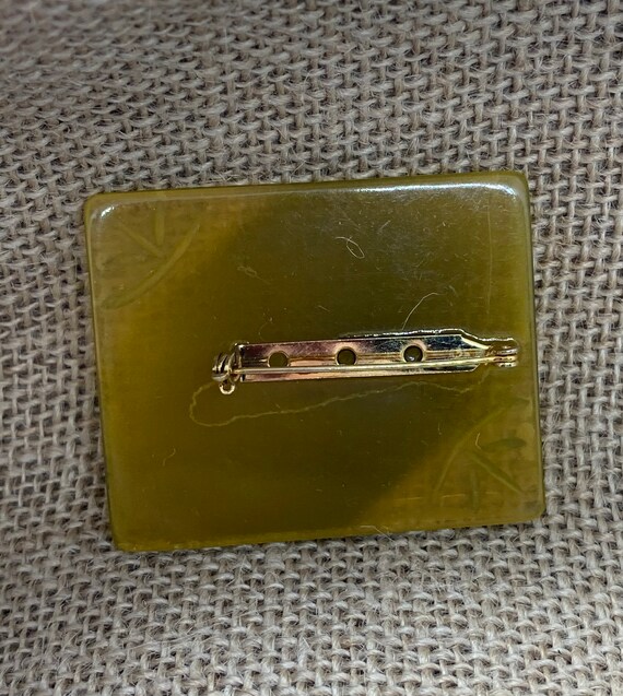 Celluloid Green Rectangular Brooch, Etched Leaf B… - image 2