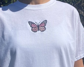 Butterfly Embroidered T-shirt, Tee, Cotton, Shirt, Monarch, Y2K T-shirt, Aesthetic Clothing, Crewneck, Personalised