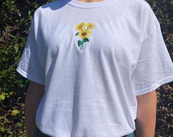 Sunflower Embroidered Tshirt, Unisex, Tee, Gift, Spring, Summer Clothing, Nature, Flowers, Gift idea, Cotton, Floral, Aesthetic Clothing