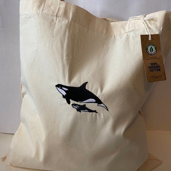 Orca Walvis Geborduurde Biologische Katoenen Tote Tas, Boodschappentas, Markttas, Cadeau, Kerstmis, Heden, Canvas Tote, Zeedieren, Geen Plastic