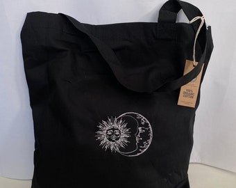 Organic Cotton Sun and Moon Embroidered Tote Bag, Shopping Bag, Cotton Tote Bag, Market Bag, Gift, Christmas, Present, Canvas Black Tote Bag
