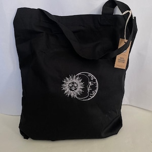 Bolso de mano bordado de sol y luna de algodón orgánico, bolsa de compras, bolso de mano de algodón, bolsa de mercado, regalo, Navidad, presente, bolso de mano negro de lona