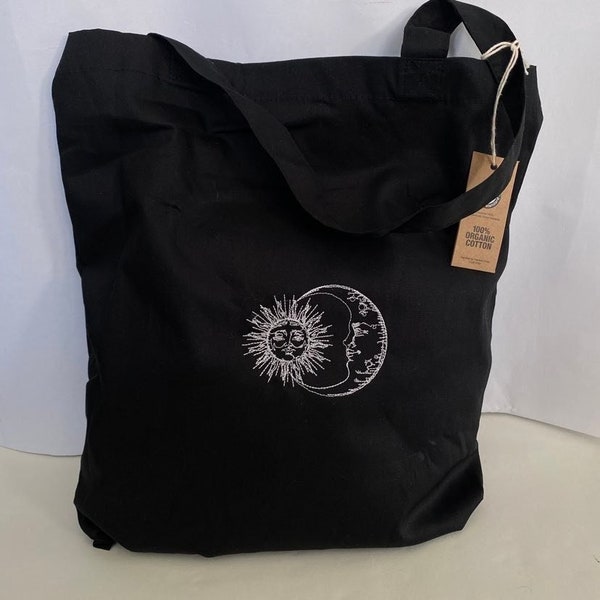 Organic Cotton Sun and Moon Embroidered Tote Bag, Shopping Bag, Cotton Tote Bag, Market Bag, Gift, Christmas, Present, Canvas Black Tote Bag