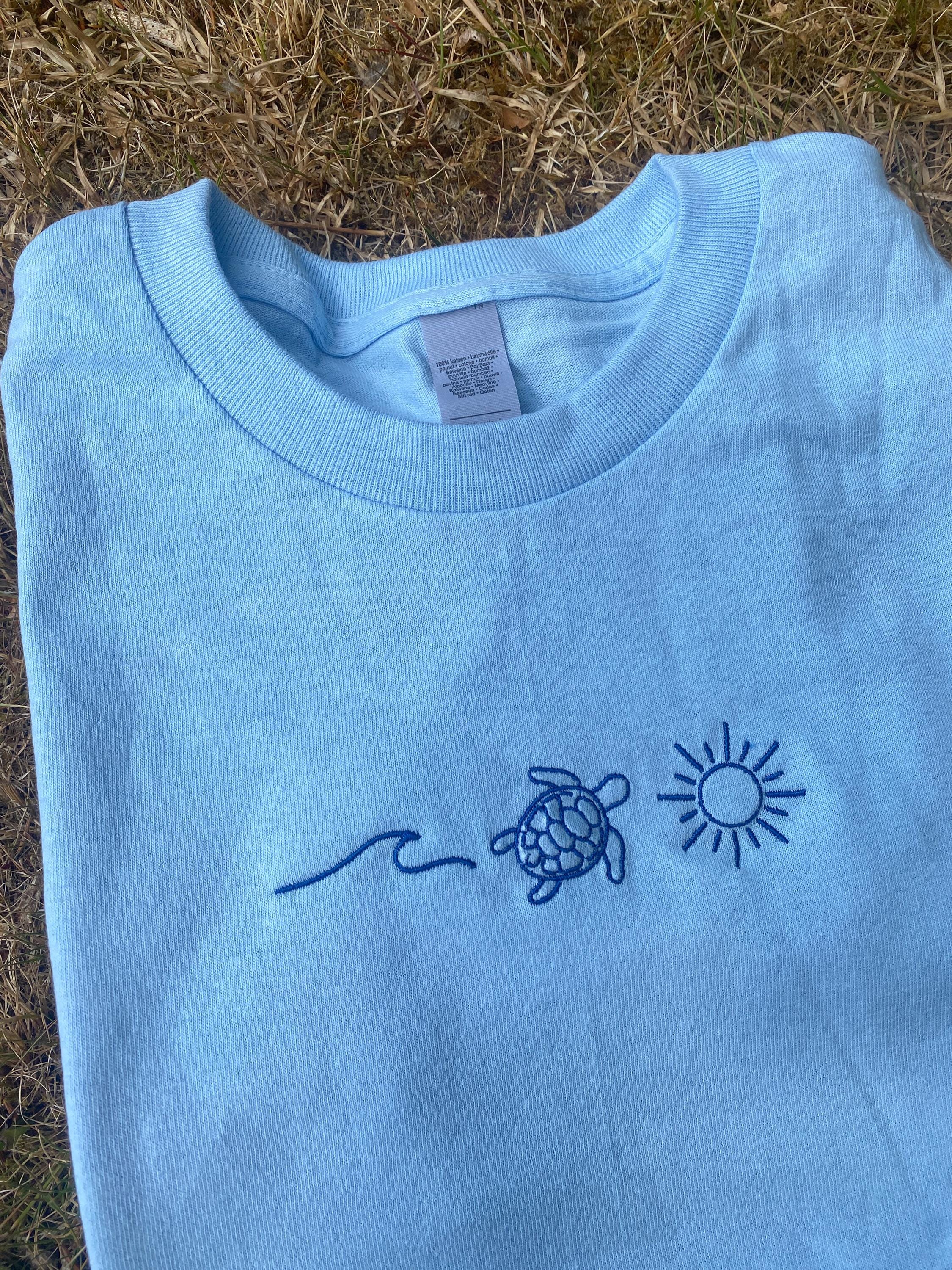 Embroidered Turtle T-shirt: Beach Wave Sun Design, 100% Cotton - Etsy