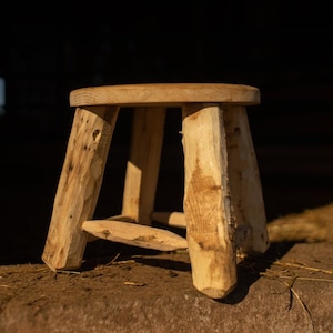 Può includere: Uno sgabello rustico in legno a tre gambe. Lo sgabello ha un sedile rotondo ed è costruito con legname grezzo. La venatura naturale del legno è visibile e lo sgabello sembra fatto a mano. Le gambe sono angolate per la stabilità.