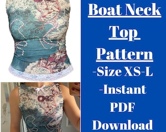 Patron de couture - Taille XS, S, M, L - Débardeur à col bateau, haut d'été, haut facile, caraco. Projet de couture pour débutant