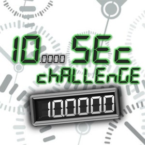 Op de afbeelding: Een groen digitaal display met de tekst "10 SEC CHALLENGE" en een zwart digitaal display met het nummer "100000". De achtergrond is wit met grijze wijzerplaten.