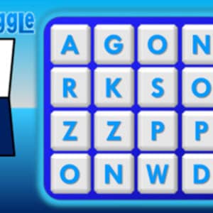 Pode incluir: Um tabuleiro de jogo Boggle azul e branco com peças de letras que soletram as palavras "AGON", "RKS", "ZZP" e "ONWD".