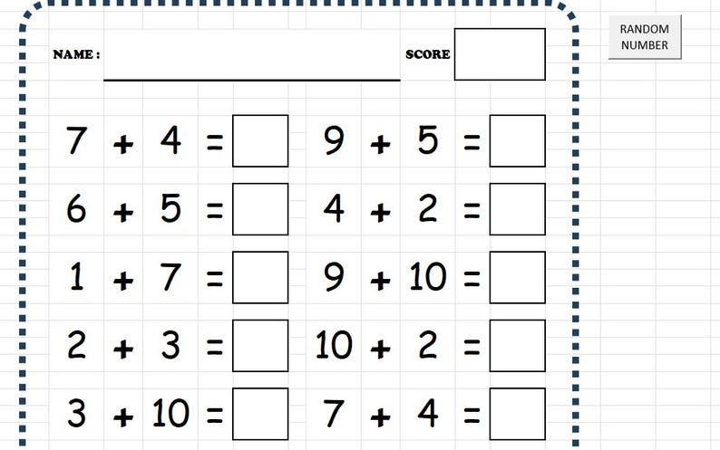 Printable Addition to 20 Worksheet Math Practice WITH NUMBER RANDOMIZER ...