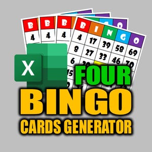 May include: A green Excel spreadsheet icon with the letter X in the centre, next to a stack of colourful bingo cards with the text "FOUR BINGO CARDS GENERATOR".