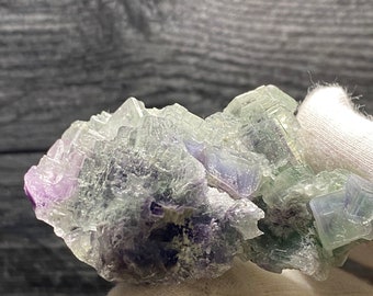 Könnte beinhalten: Ein Cluster aus grünen, violetten und weißen Fluoritkristallen. Die Kristalle sind durchscheinend und haben eine raue, natürliche Textur.