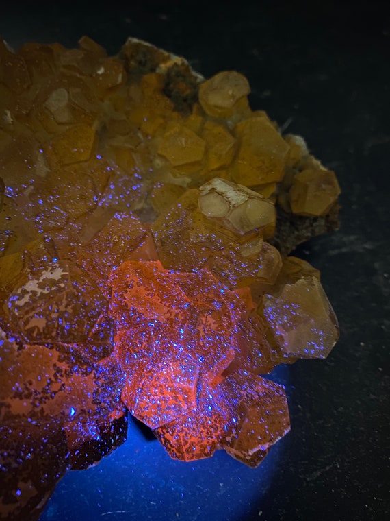 Gorgeous Rare Orange Mushroom AKA Mercedes AKA Pagoda Calcite Crystals On Matrix UV Fluorescent
