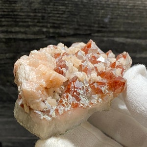 Beautiful Shanxi Peach Stepped Calcite With Quartz Containing Red Hematite Phantoms Inclusions On Matrix Mineral Specimen Crystal