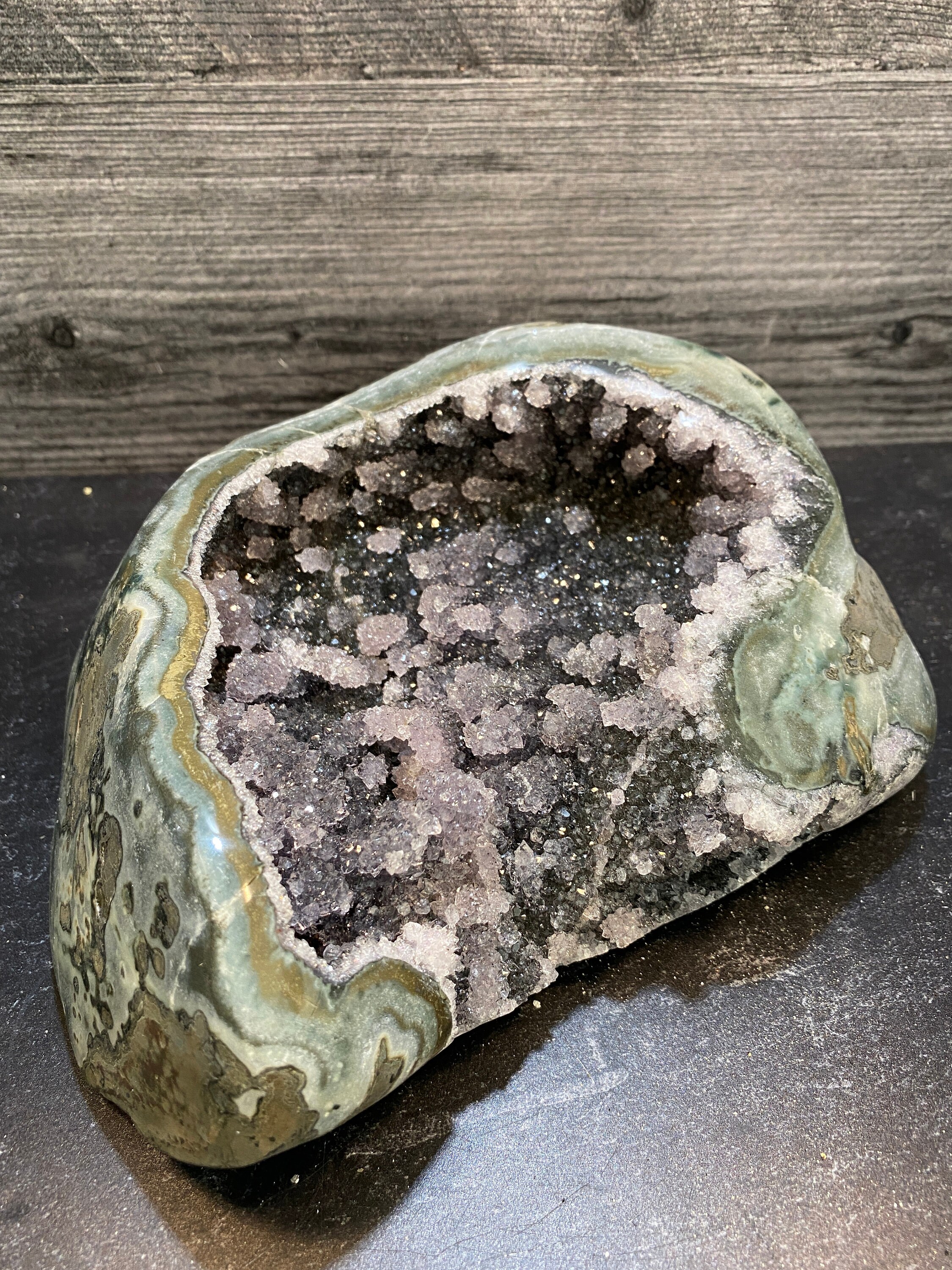Black Galaxy Amethyst Stalactite Geode - Uruguay Dark Purple Crystal Cluster On Polished Matrix