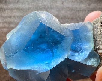 Blue Aqua Fluorite Crystal Clusters On Matrix Mineral Specimen On Grey Matrix
