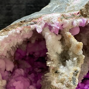 May include: A close-up of a geode featuring a cavity filled with light purple botryoidal formations. The outer rock is a mix of beige, grey, and white, with crystalline structures lining the opening. The geode is a natural mineral specimen.