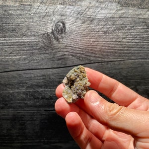 May include: A small cluster of purple and gold crystals. The crystals are rough and have a natural, earthy look.