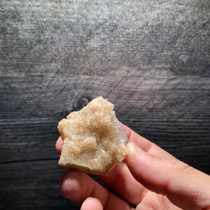 May include: A light tan crystal cluster with a sparkling, granular texture. The mineral specimen is held in a hand against a dark wood background. The crystal has a rough, irregular shape and appears to be naturally formed.