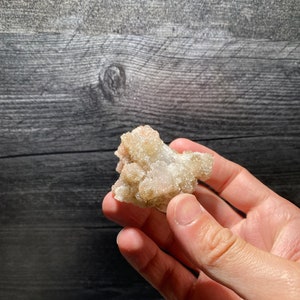 May include: A cluster of small, white and brown crystals with a rough, textured surface.