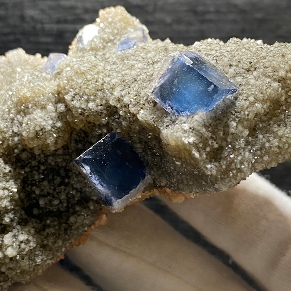 Blue Aqua Fluorite Crystal Clusters On Matrix Mineral Specimen On Grey Matrix From Hunan China