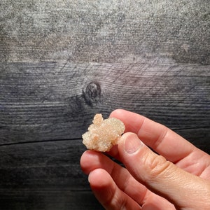 May include: A small, pink and white crystal cluster with a rough, textured surface.