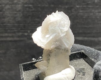 Puede incluir: Un cúmulo de cristales blancos translúcidos con forma de roseta. El cristal se muestra en una caja negra forrada de terciopelo.