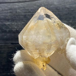 以下が含まれることがあります： 金色がかった透明なファセットカットの水晶。ピラミッド型で、先端が尖っていて底面は平ら。白い手袋をした手で持たれている