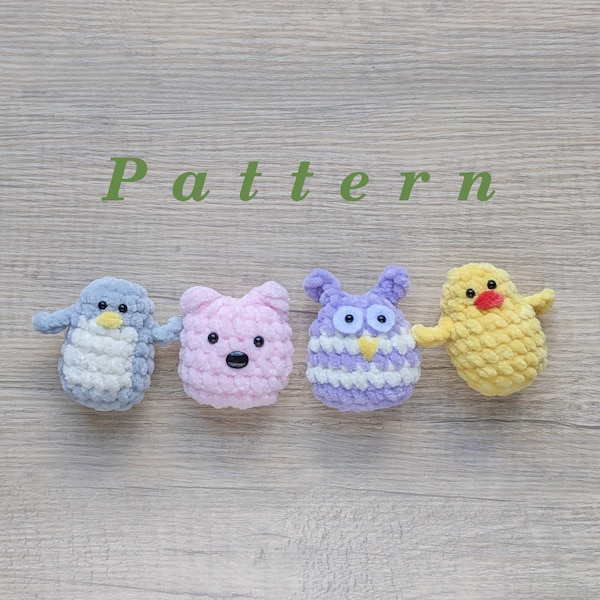 NO-SEW crochet amigurumi PDF Pattern, Small penguin, chick, owl and bear, pocket/keychain size.