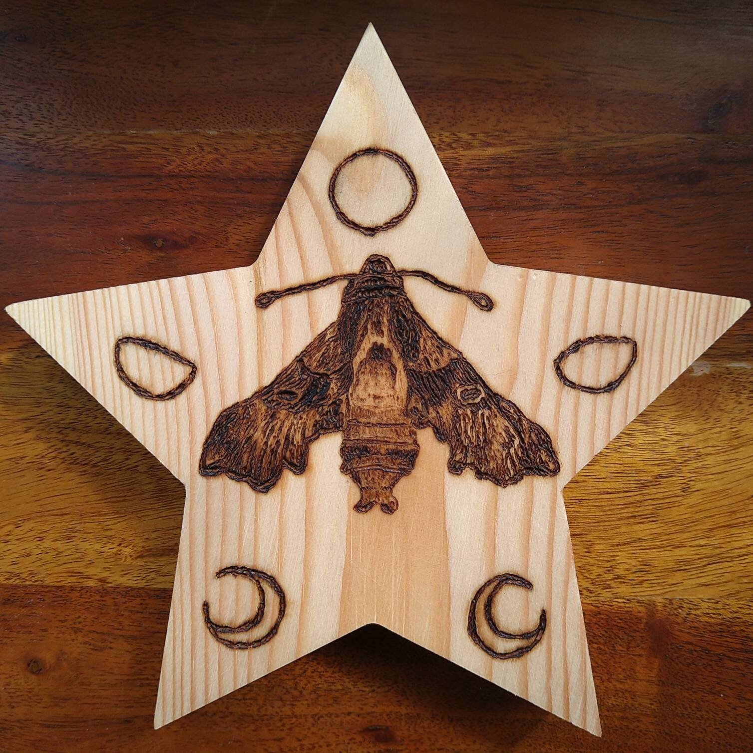 Moth on Freestanding Wooden Star With the Moon Pyrography / Woodburning ...