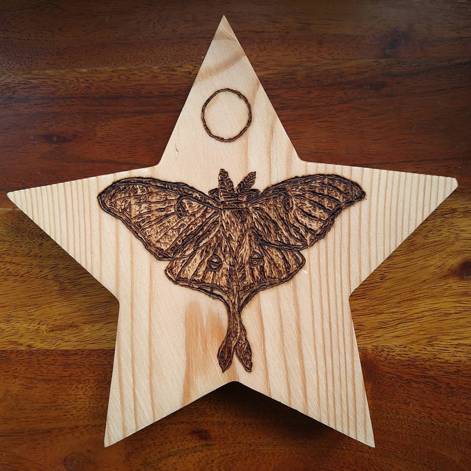 Moth on Freestanding Wooden Star With the Moon Pyrography / Woodburning ...
