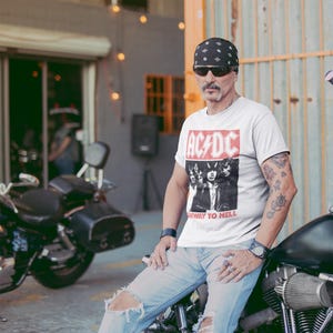 ACDC Highway to Hell Horns T-Shirt | AC DC Band Photo Top | Men&#39;s Distressed Tee | Rock n Roll Band Merch | Music Concert Tour Tee Shirt