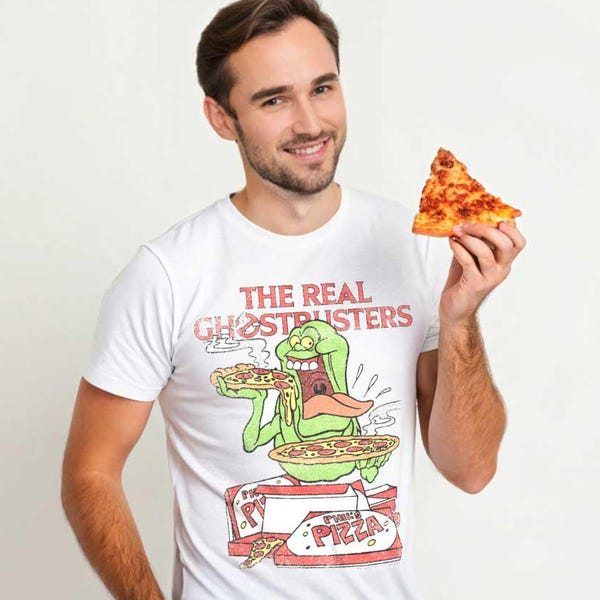 The Real Ghostbusters Men's T-shirt Slimer Eats Pizza Graphic Tee Phil's Who You Gonna Call Vintage Cartoon T-Shirt Ghost hunters