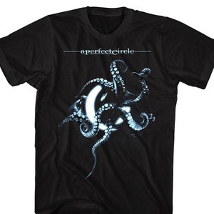 May include: Black t-shirt with a blue and white octopus graphic and the text "aperfectcircle" printed on the front.